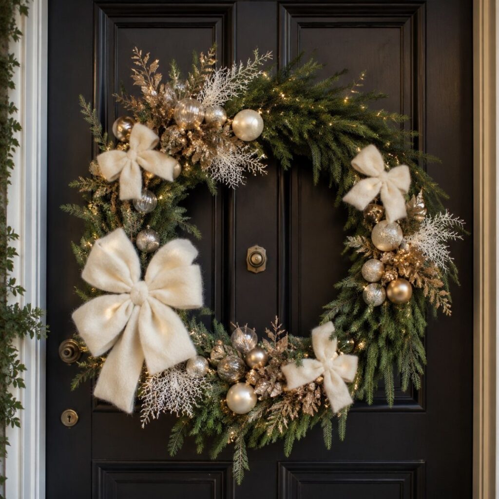 Evergreen Christmas wreath with gold ornaments and white bows on a black door.