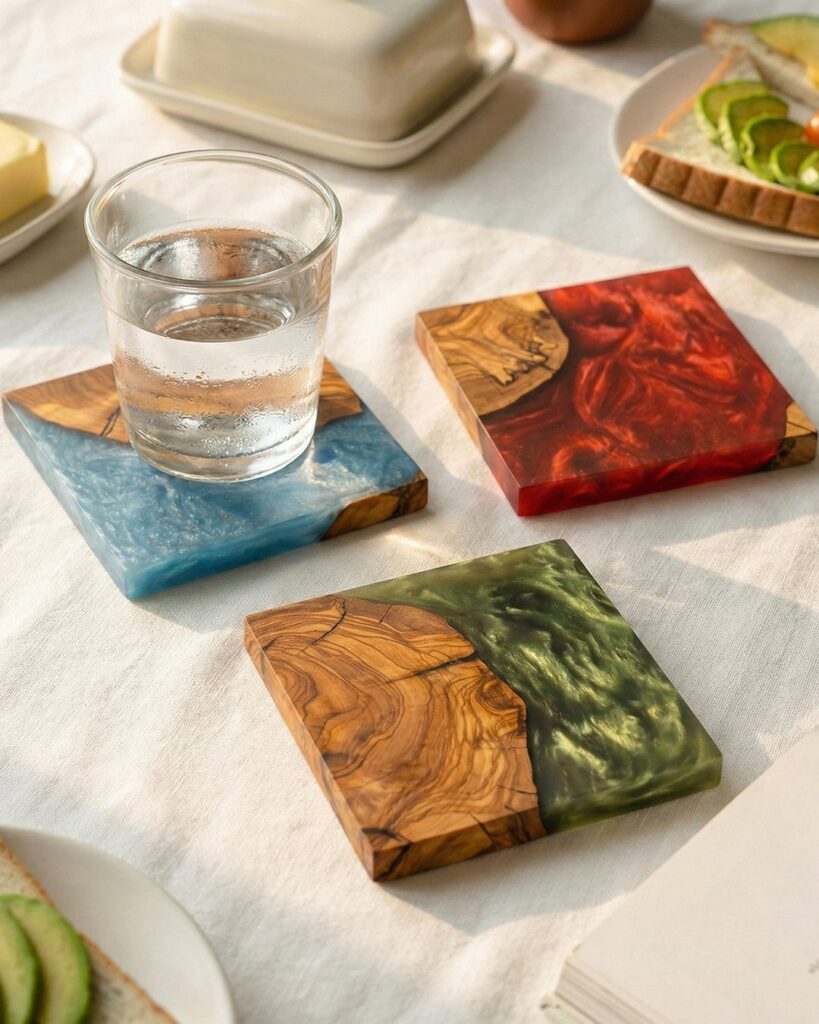 Three wood and colored epoxy resin coasters on a white linen table setting.