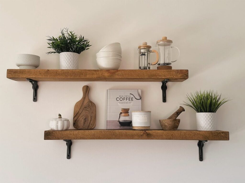 Rustic wooden shelves with black metal L brackets holding kitchen decor on white wall