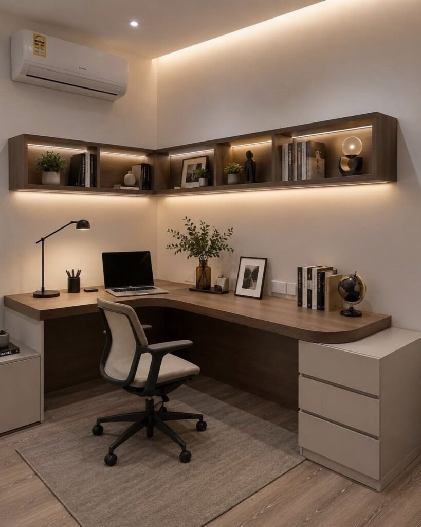 Wooden L-shaped corner desk with floating shelves and ergonomic chair in a modern office.