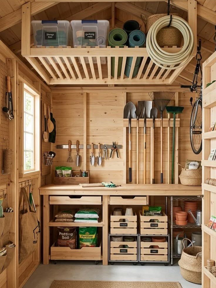 Wooden garden shed interior with organized tools, workbench, and storage bins.