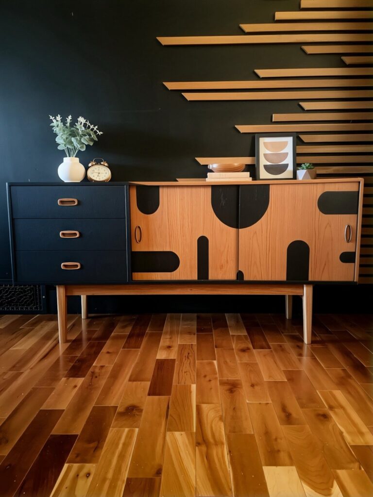 Mid-century modern sideboard with black and wood geometric paint on hardwood floor