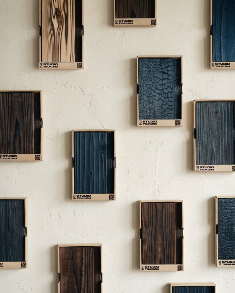 Charred wood samples in various dark colors mounted on a white textured wall.