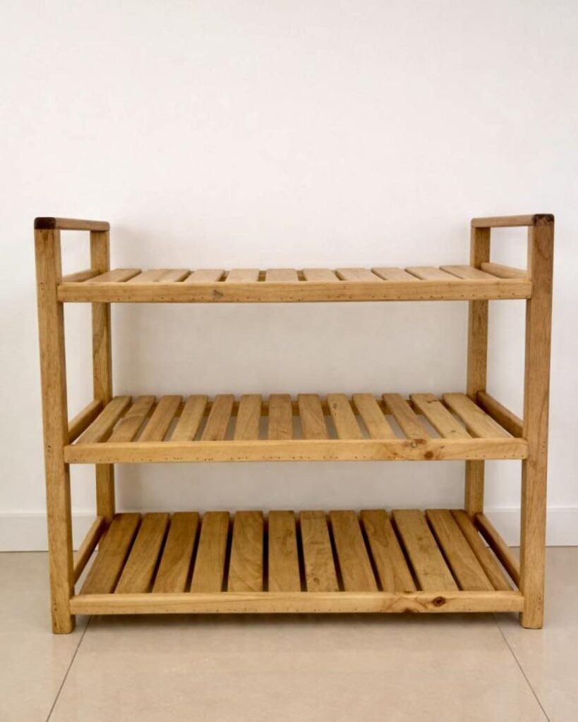 Three-tier small wooden rack with slatted shelves against a white wall