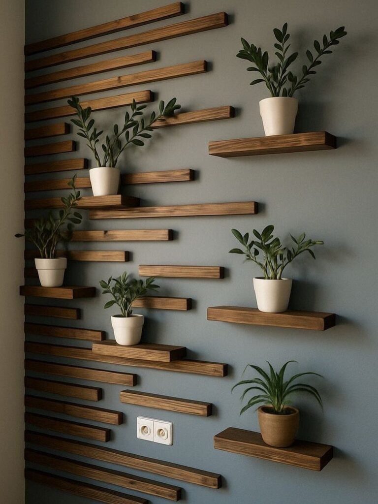 Wooden wall slats and floating shelves holding small potted green plants on grey wall.