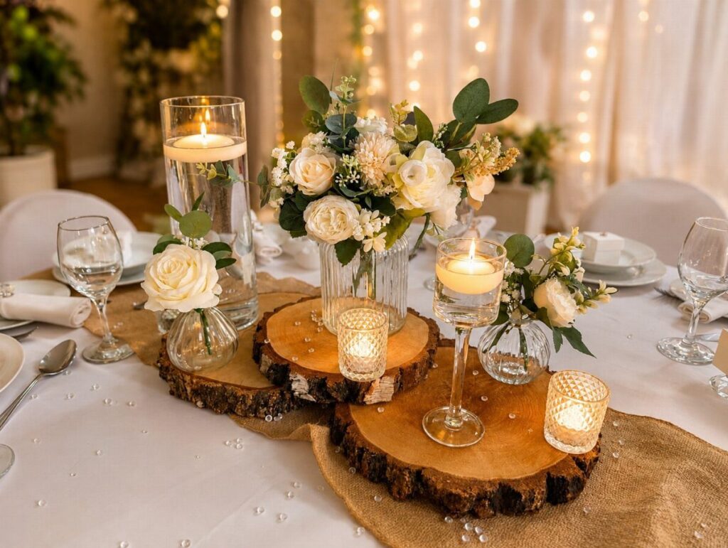 Wood slice centerpiece with white roses and candles on a wedding table.