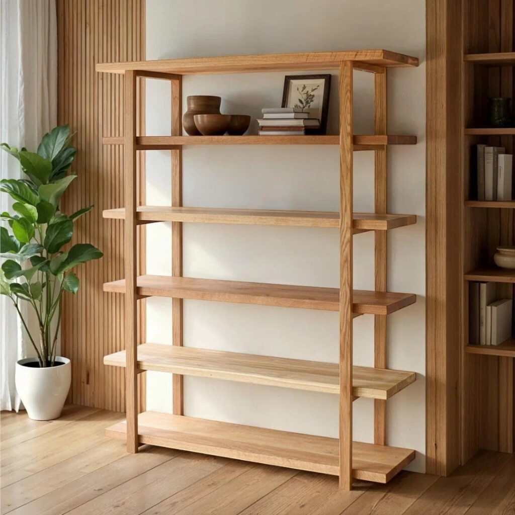 Light wood open bookshelf with six shelves holding books and decorative bowls.