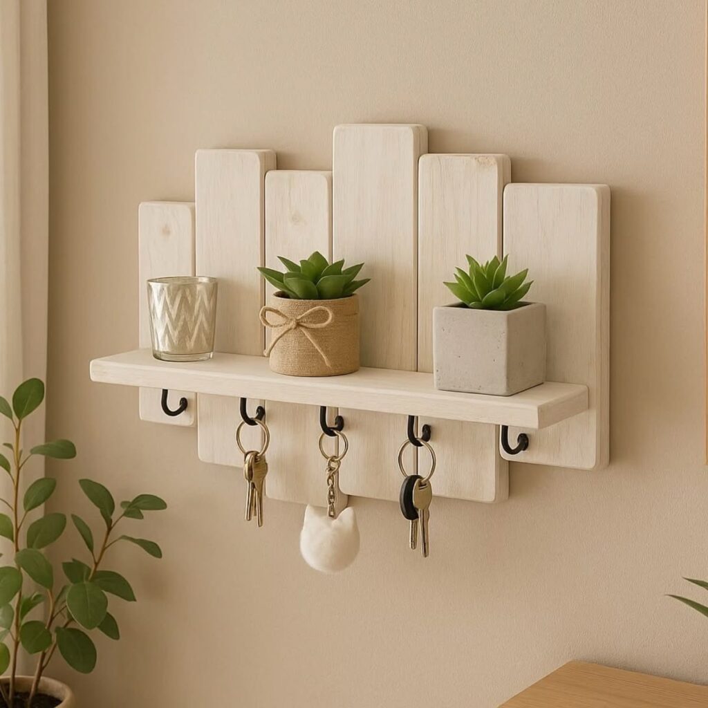 White wooden wall organizer with a shelf holding succulents and hooks for keys.