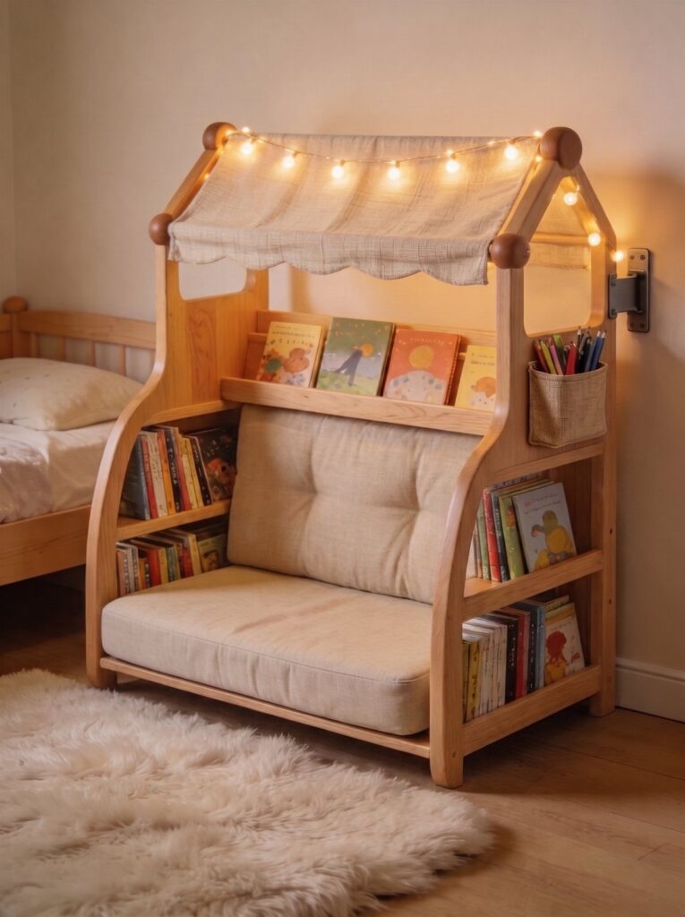 Wooden child's reading nook with integrated bookshelves, cream cushions, and a lit canopy.