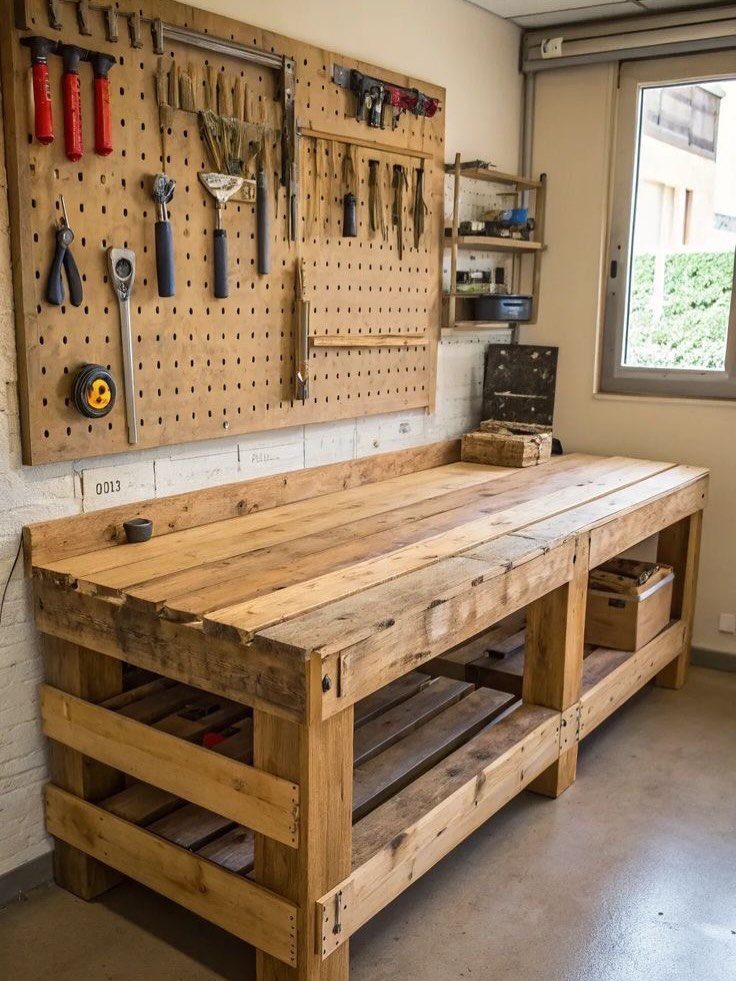 Wooden pallet workbench with a tool-filled pegboard mounted on the wall above it.